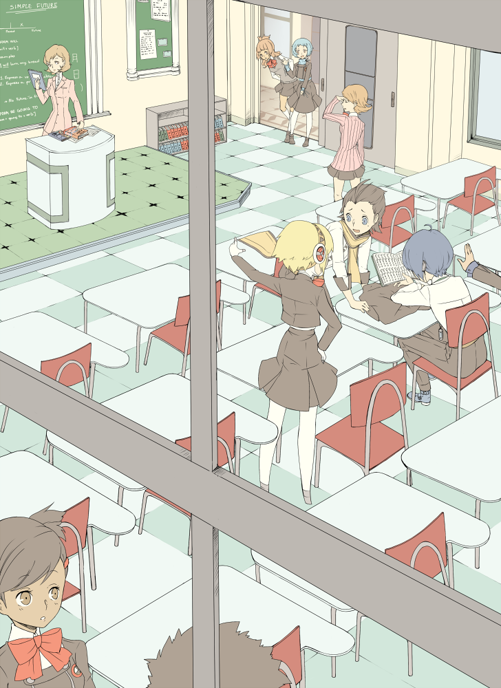 6+girls, aegis, aiwatan, android, arisato_minato, black_board, black_hair, blonde_hair