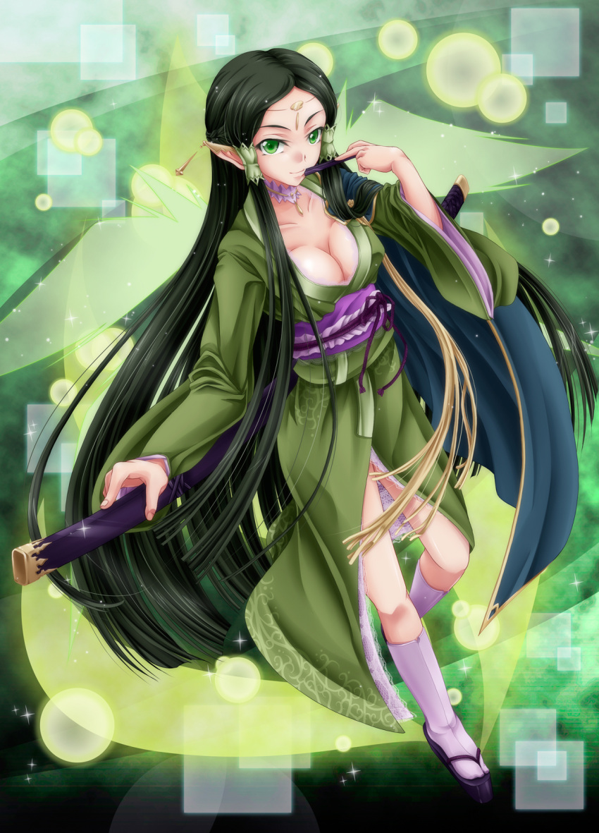 breasts, choker, circlet, cleavage, ear_covers, elf, fan, folding_fan
