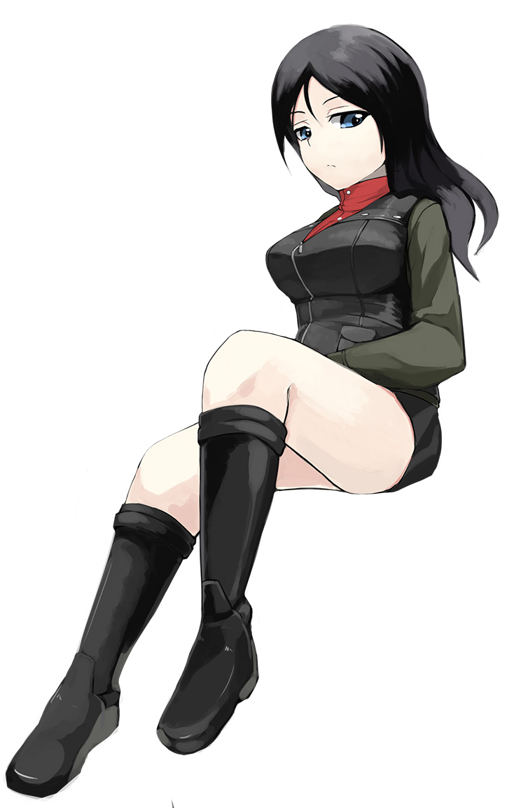aqua_eyes, black_hair, boots, girls_und_panzer, long_hair, looking_at_viewer, military, military_uniform
