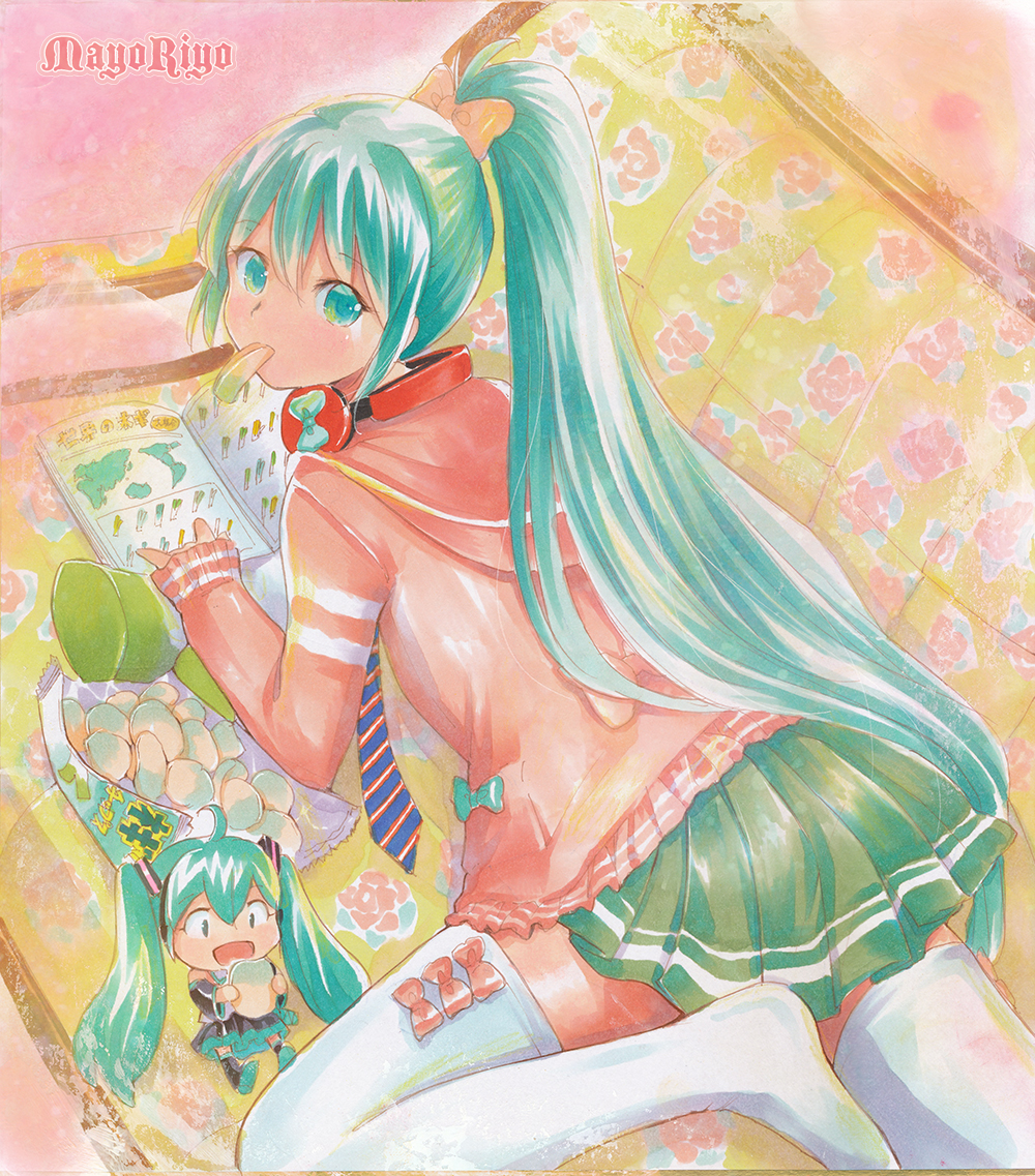 aqua_eyes, aqua_hair, book, chibi, couch, eating, hatsune_miku, headphones