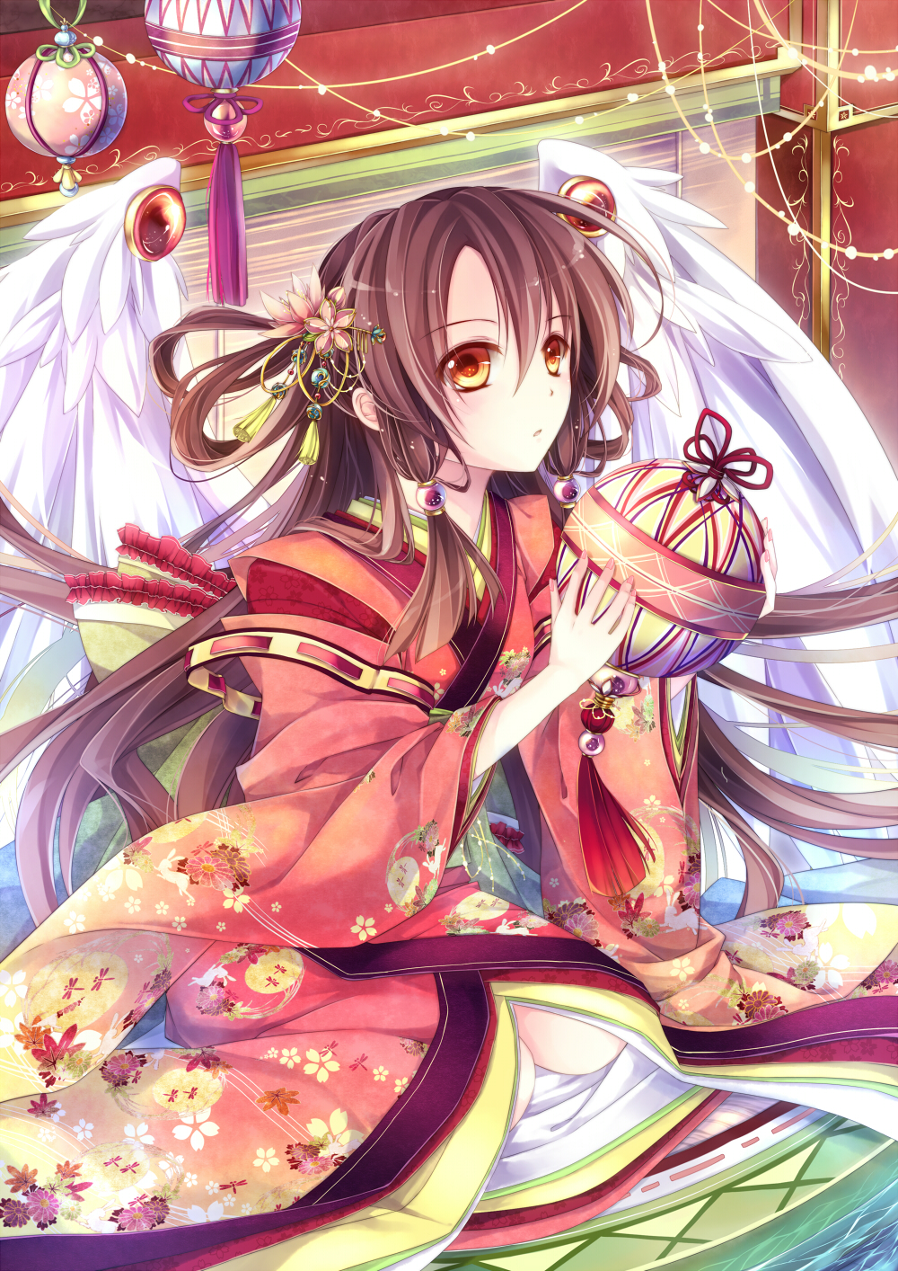 ball, brown_hair, chinese_clothes, hair_ornament, hair_rings, hairpin, highres, kneeling, marimo_moka, original, wings, yellow_eyes