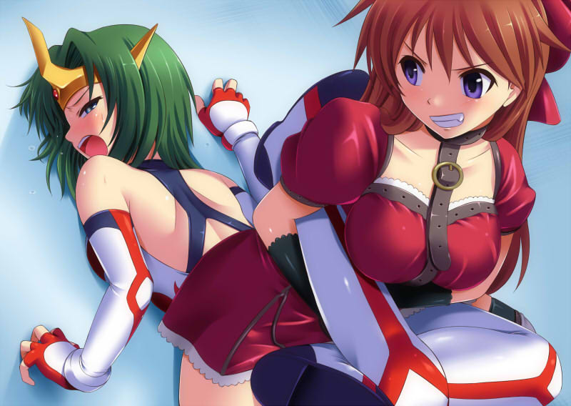 boots, bow, breasts, brown_hair, collar, digdug006, dress, green_eyes, green_hair, hair_ribbon, leotard, long_hair, multiple_girls, mutou_megumi, open_mouth, purple_eyes, ribbon, scorpion_deathlock, short_hair, sonic_cat, submission, submission_hold, sweat, thigh-highs, thighhighs, tiara, very_long_hair, violet_eyes, wrestle_angels, wrestle_angels_survivor, wrestle_angels_survivor_2, wrestling, wrestling_outfit
