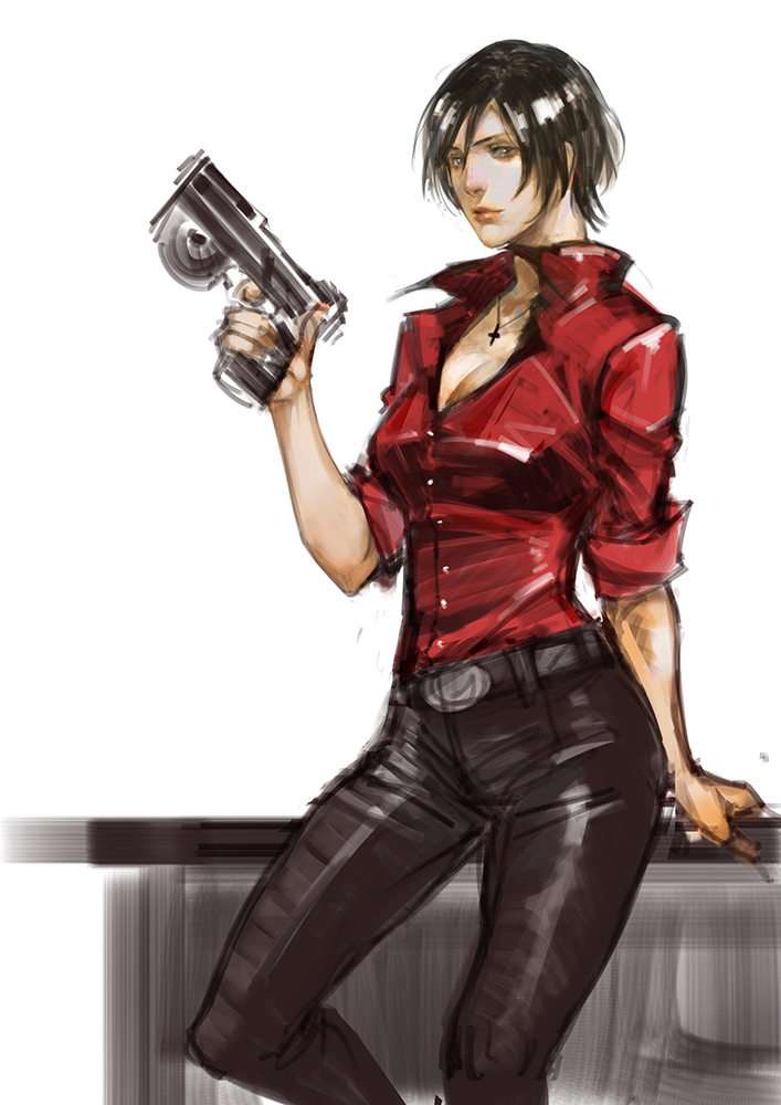 black_hair, cross, gun, jewelry, narrator_(nobody), necklace, resident_evil, resident_evil_6, short_hair, solo, weapon