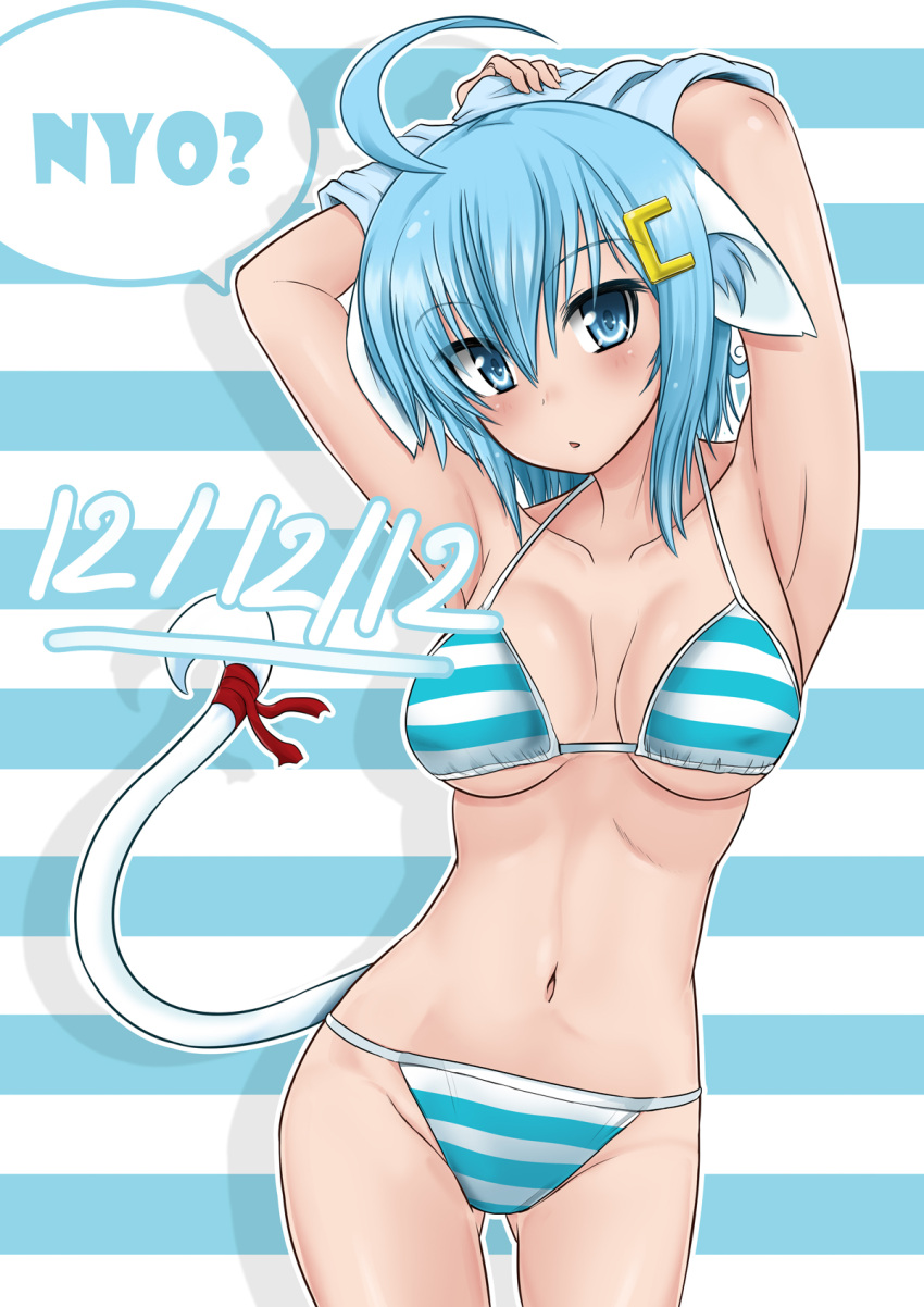 animal_ears, armpits, arms_behind_head, arms_up, bikini, blue_eyes, blue_hair, cat_ears