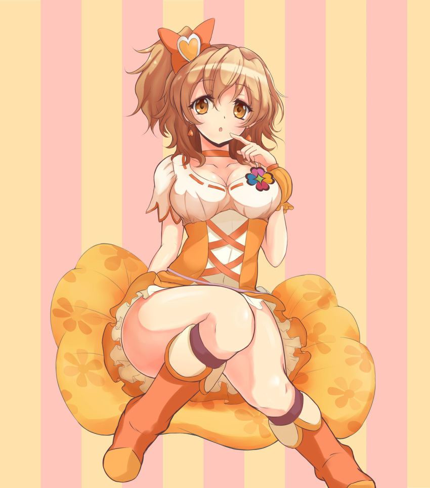 :o, arm_behind_back, avy417, boots, bow, breasts, brown_eyes, choker
