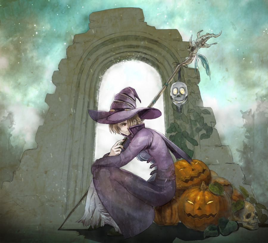 dark_souls, hair_over_one_eye, halloween, hat, jack-o'-lantern, jack-o'-lantern, skull, solo