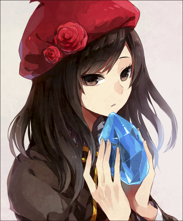 beret, black_hair, brown_eyes, crystal, female, flower, hakuel, hat