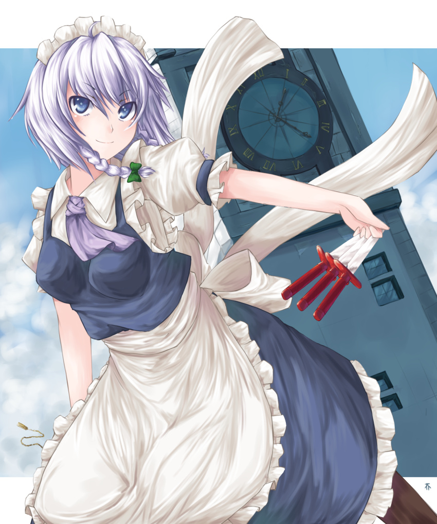 bad_id, blue_eyes, braid, clock, clock_tower, clocktower, hairband, highres
