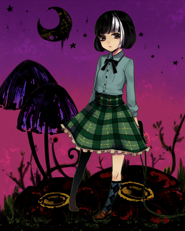 akumu-chan, black_hair, bob_cut, h311cat, koto_yuiko, multicolored_hair, mushroom, nightmare, plaid, plaid_skirt, shirt, short_hair, silver_hair, single_shoe, skirt, solo, two-tone_hair