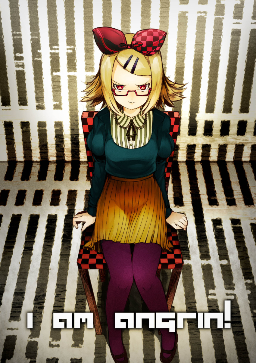 absurdres, aqua_eyes, bangs, bespectacled, blonde_hair, glasses, hair_ornament, hair_ribbon, hairclip, highres, kagamine_rin, mary_janes, nonko_(pgup), pantyhose, pigeon-toed, purple_legwear, red-framed_glasses, ribbon, semi-rimless_glasses, shoes, short_hair, sitting, skirt, solo, vocaloid