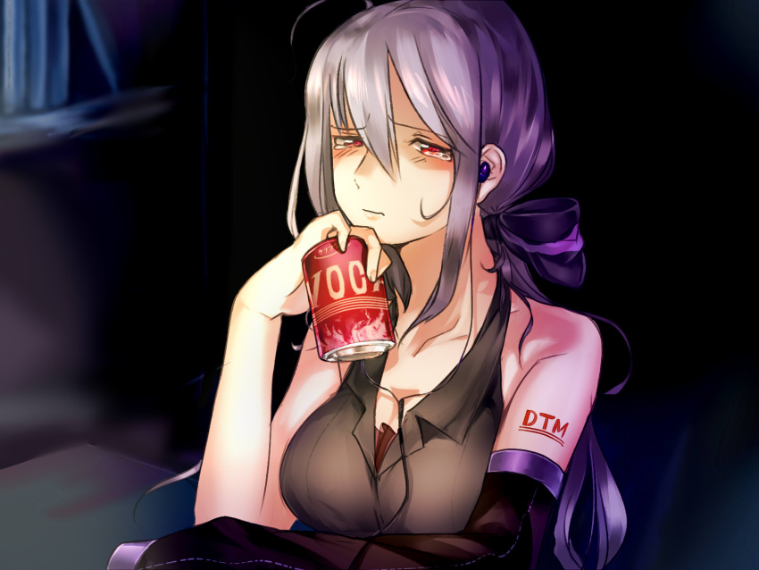 bare_shoulders, blush, bow, breasts, can, crying, detached_sleeves, earbuds, earphones, hair_bow, highres, large_breasts, listening_to_music, long_hair, nonko_(pgup), ponytail, red_eyes, silver_hair, solo, tattoo, tears, vocaloid, voyakiloid, white_hair, yowane_haku