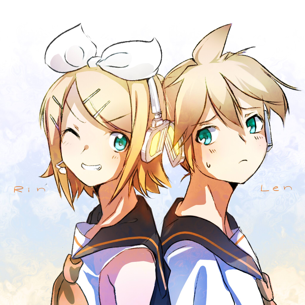 1girl, aqua_eyes, back-to-back, blonde_hair, hair_ornament, hair_ribbon, hairclip, headphones, headset, kagamine_len, kagamine_rin, nonko_(pgup), ribbon, sailor_collar, short_hair, smile, sweatdrop, vocaloid, wink