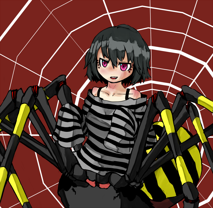 bare_shoulders, black_hair, blush, bob_cut, bra_strap, extra_legs, jorougumo, long_sleeves