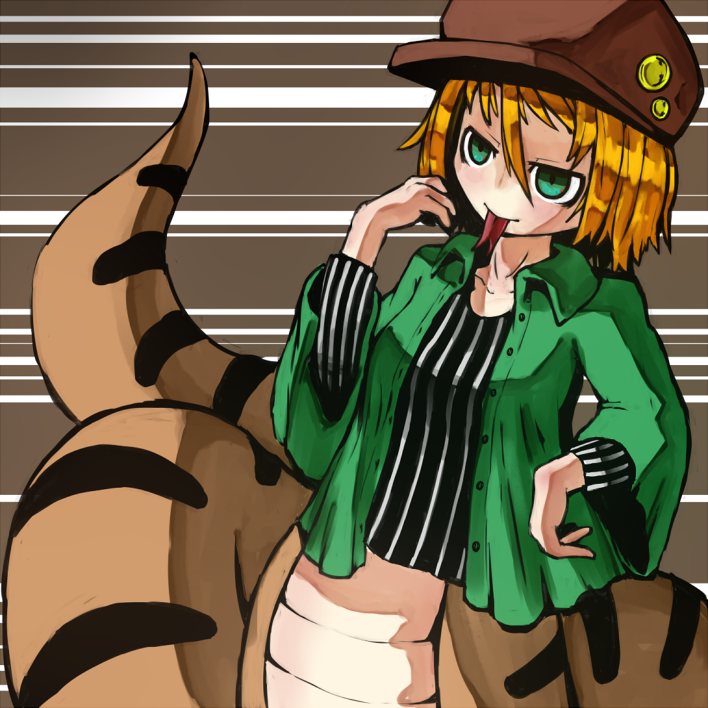 blonde_hair, cabbie_hat, forked_tongue, green_eyes, hat, lamia, monster_girl, open_clothes
