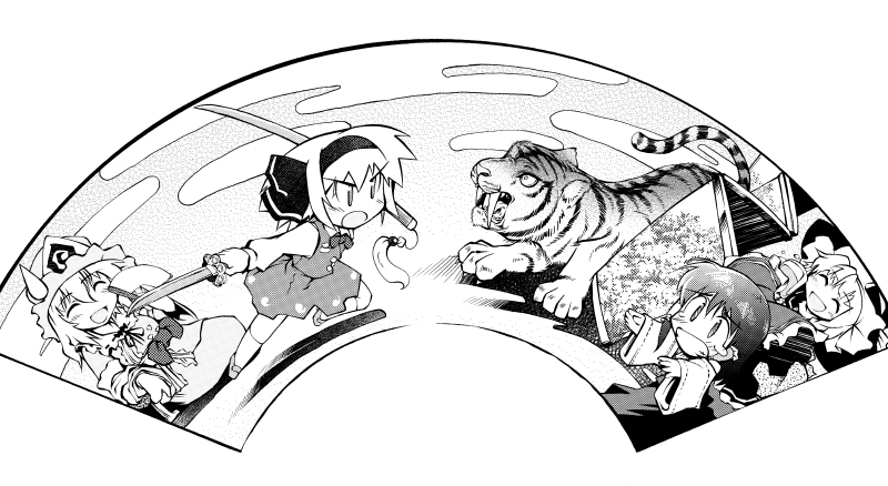 closed_eyes, commentary, commentary_request, egasumi, eyes_closed, folding_fan_design, hakurei_reimu, kirisame_marisa