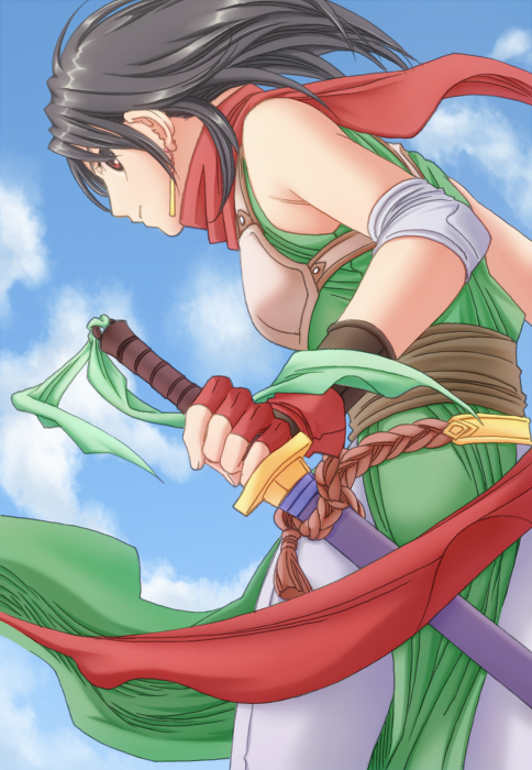 armor, black_hair, dress, earrings, elbow_pads, fingerless_gloves, fire_emblem, fire_emblem:_thracia_776, gloves, jewelry, kuroma_(einin), mareeta, mareeta_(fire_emblem), red_eyes, scarf, short_hair, solo, sword, weapon