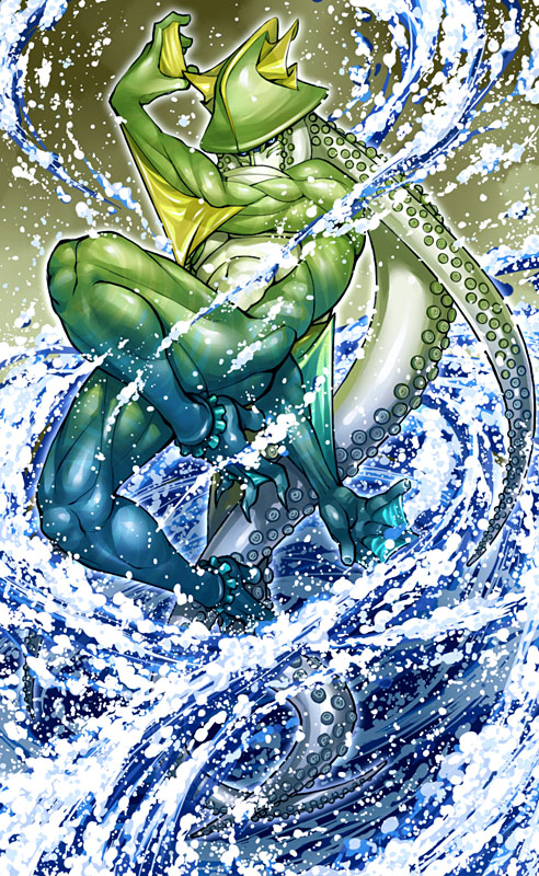 blue_eyes, copyright_request, fins, green_skin, helmet, kagelow, merman, muscle