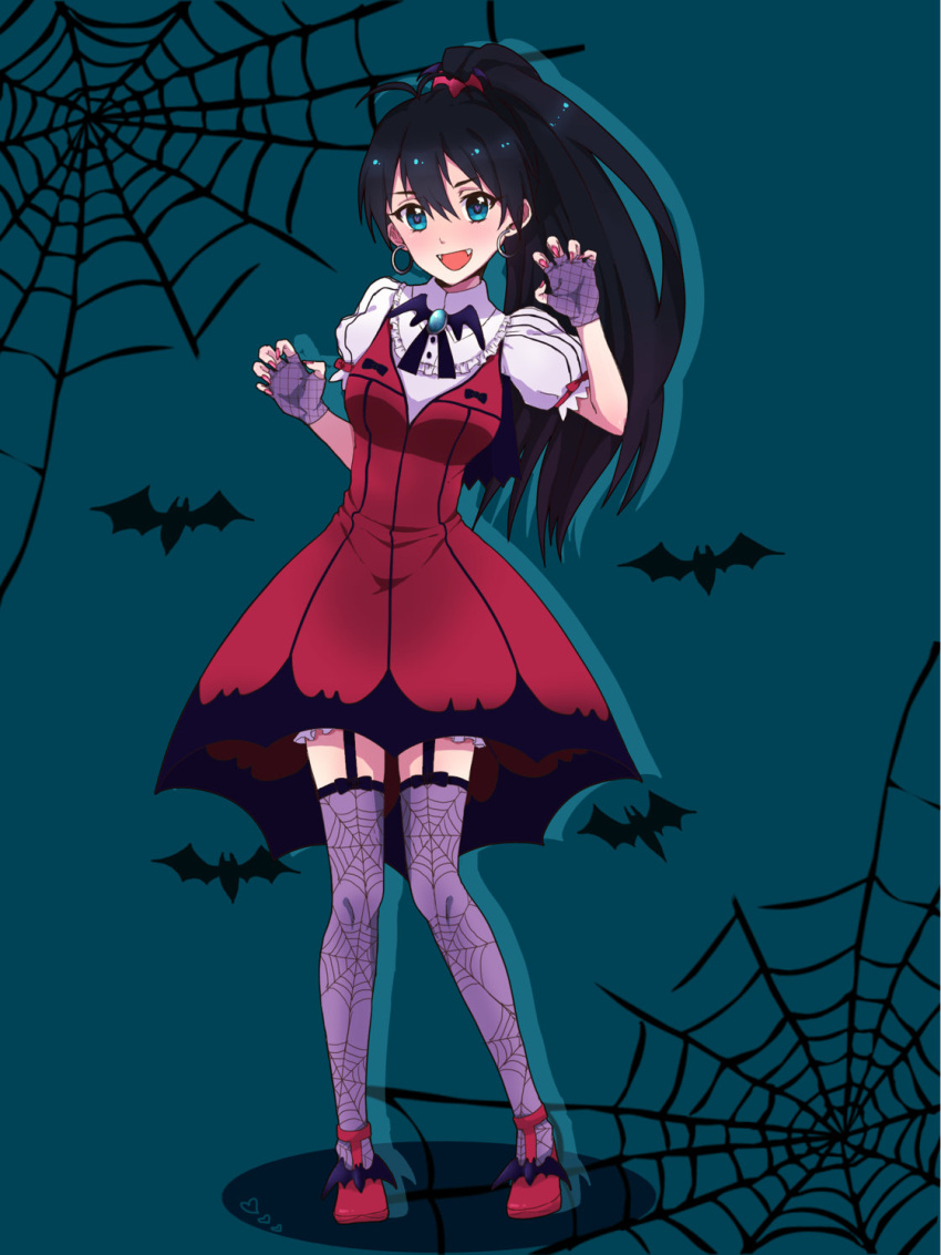 :d, black_hair, blue_eyes, claw_pose, dress, earrings, fangs, fingerless_gloves