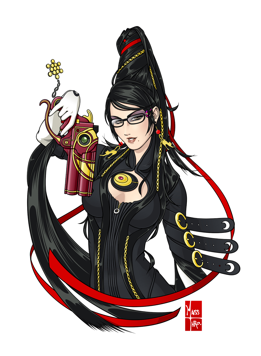 artist_name, bayonetta, bayonetta_(character), black_hair, bodysuit, breasts, bust, catsuit