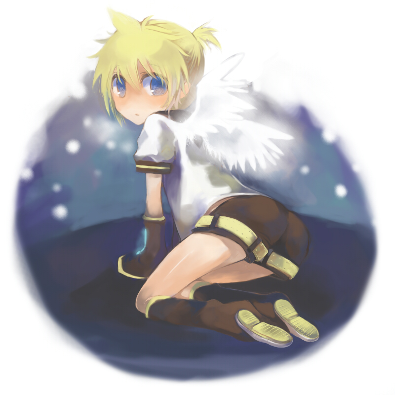 blonde_hair, blue_eyes, detached_sleeves, kagamine_len, looking_back, male, manao, shorts, solo, vocaloid, wings