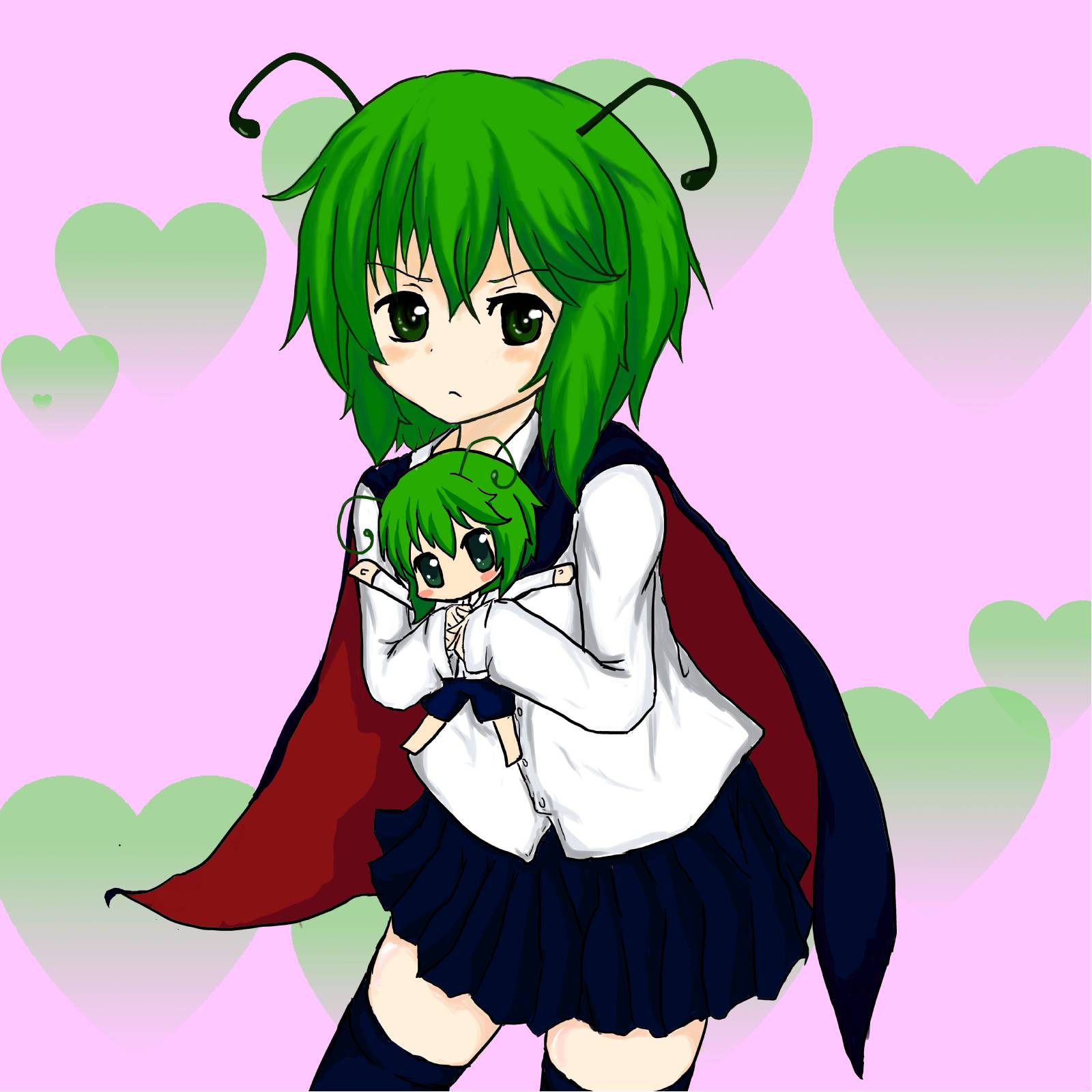 alternate_costume, antennae, biburu, cape, character_doll, green_eyes, green_hair, highres