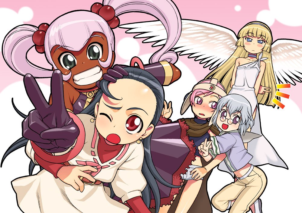 /\/\/\, 5girls, :d, ;o, ahoge, angel, angel_wings, arm_behind_back