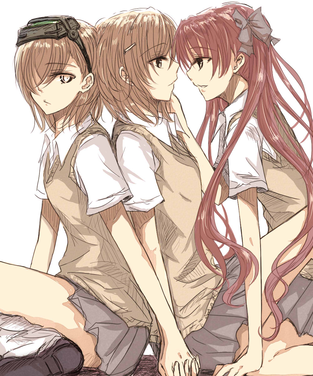 back-to-back, eye_contact, hair_bow, hair_ornament, hand_holding, highres, holding_hands, kneeling, long_hair, looking_at_another, looking_back, misaka_imouto, misaka_mikoto, multiple_girls, on_floor, pleated_skirt, school_uniform, shirai_kuroko, short_hair, simple_background, sitting, sketch, smile, to_aru_kagaku_no_railgun, to_aru_majutsu_no_index, twintails, very_long_hair, white_background, yuri, yuuyu_(777)