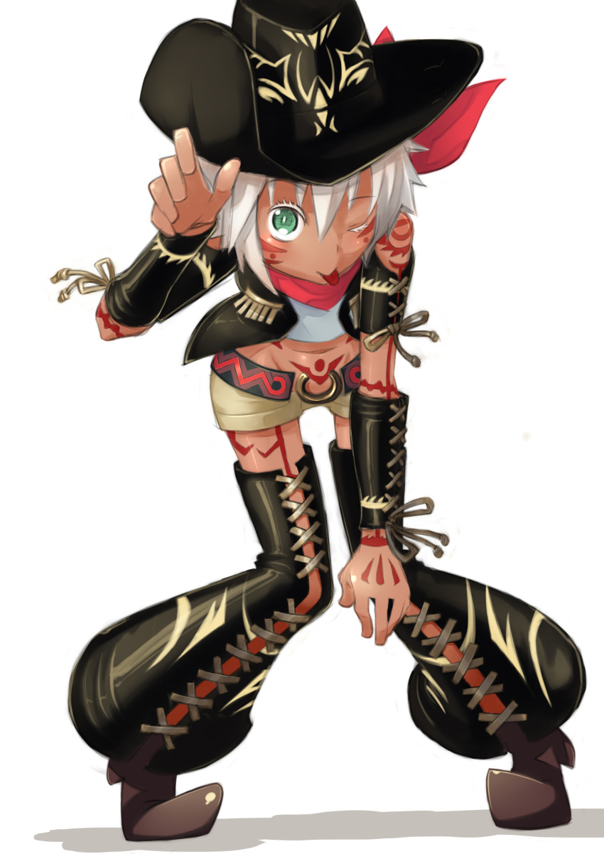 ;p, absurdres, bare_shoulders, belt, bent_over, boots, bracer, chaps