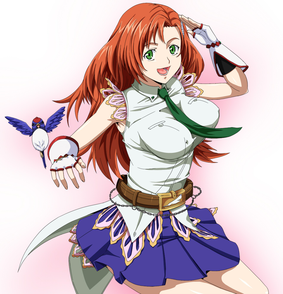 belt, bird, chika_(srw), cliana_rimskaya, fingerless_gloves, gloves, green_eyes, hair_ornament