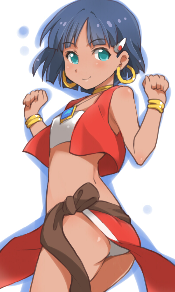 arms_up, blue_hair, bob_cut, bracelet, dark_skin, deyuuku, earrings, fushigi_no_umi_no_nadia