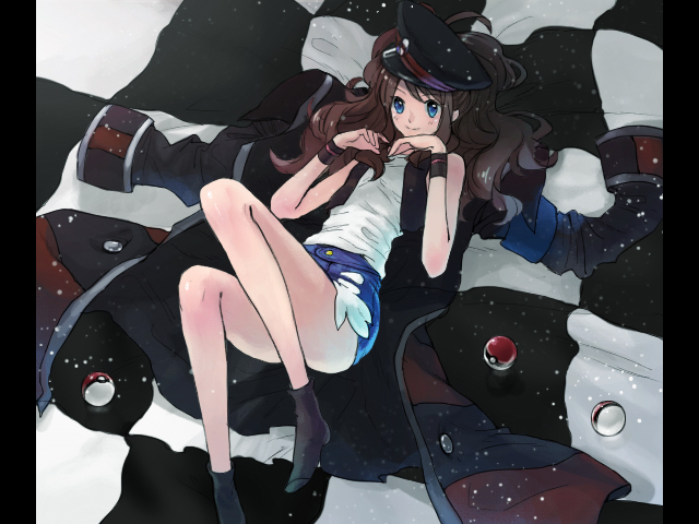 brown_hair, coat, denim, denim_shorts, hat, jacket, lying, nobori_(pokemon), parody, poke_ball, pokemon, pokemon_(game), pokemon_bw, short_shorts, shorts, touko_(pokemon), vocaloid, world_is_mine_(vocaloid), yugimarumaru