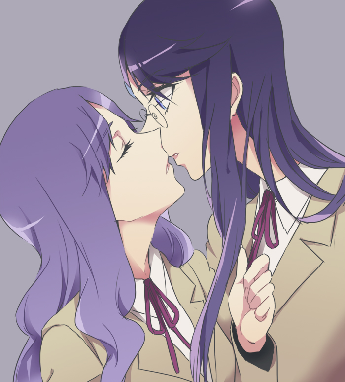 blue_eyes, closed_eyes, eyes_closed, glasses, grey_background, heartcatch_precure!, incipient_kiss, kurumi_momoka