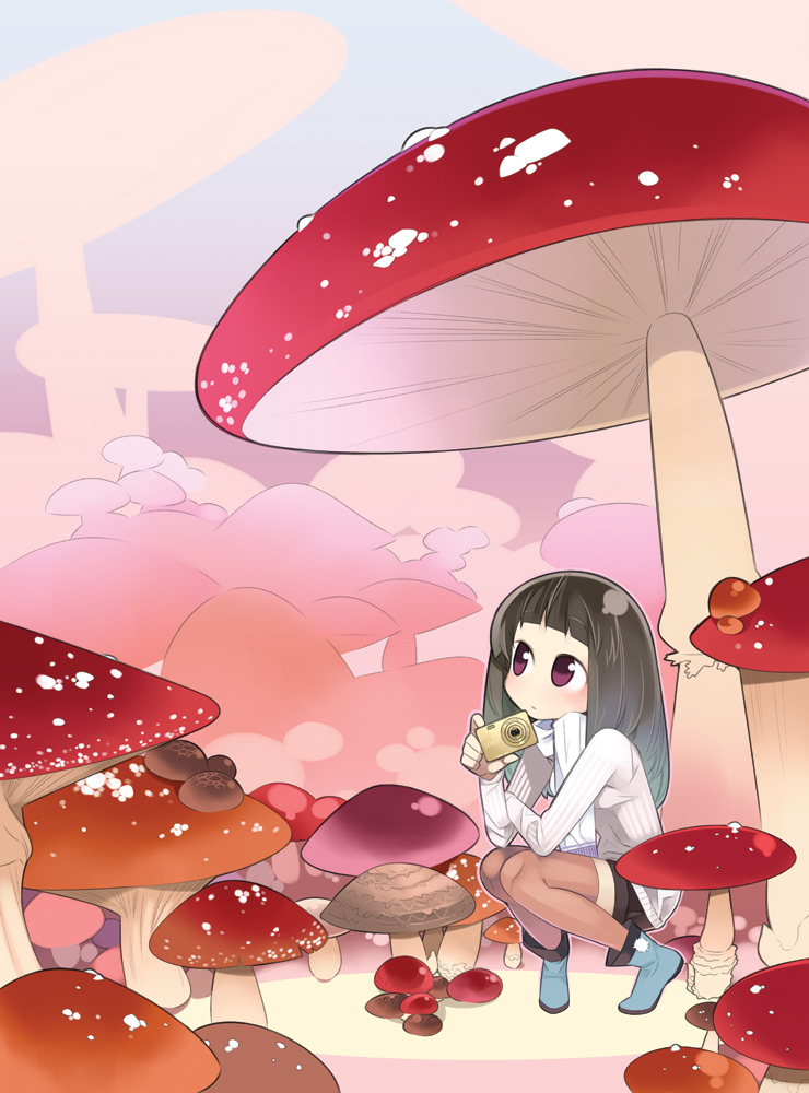 bangs, blunt_bangs, brown_hair, camera, haruse_(artist), haruse_hiroki, long_hair, mushroom, original, oversized_object, red_eyes, solo, squatting, thighhighs