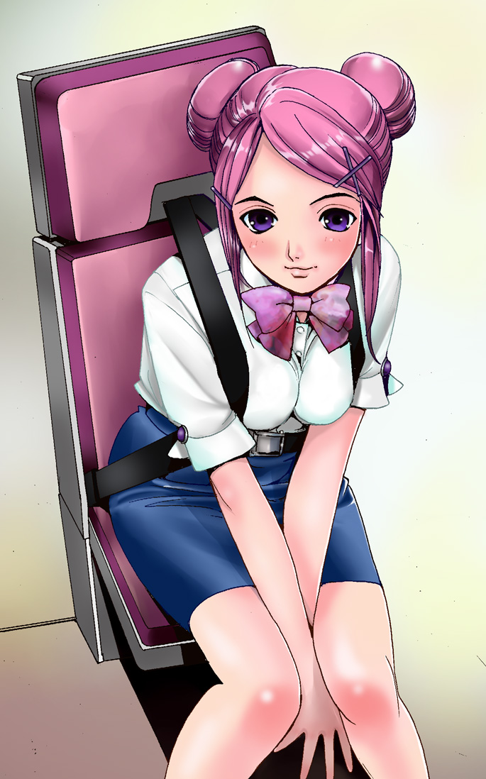 bowtie, copyright_request, double_bun, hair_ornament, hairclip, katayama_makoto, pink_hair, purple_eyes