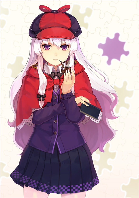 capelet, cardigan, checkered, deerstalker, hat, holding, jigsaw_puzzle, lavender_hair