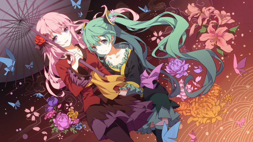 alternate_outfit, bangs, blue_eyes, breasts, butterfly, flower, frills, green_eyes