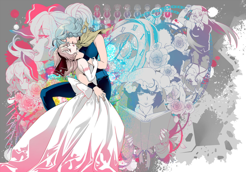 blue_hair, blush, bow, cape, flandre_scarlet, flower, hair_ribbon, head_tilt