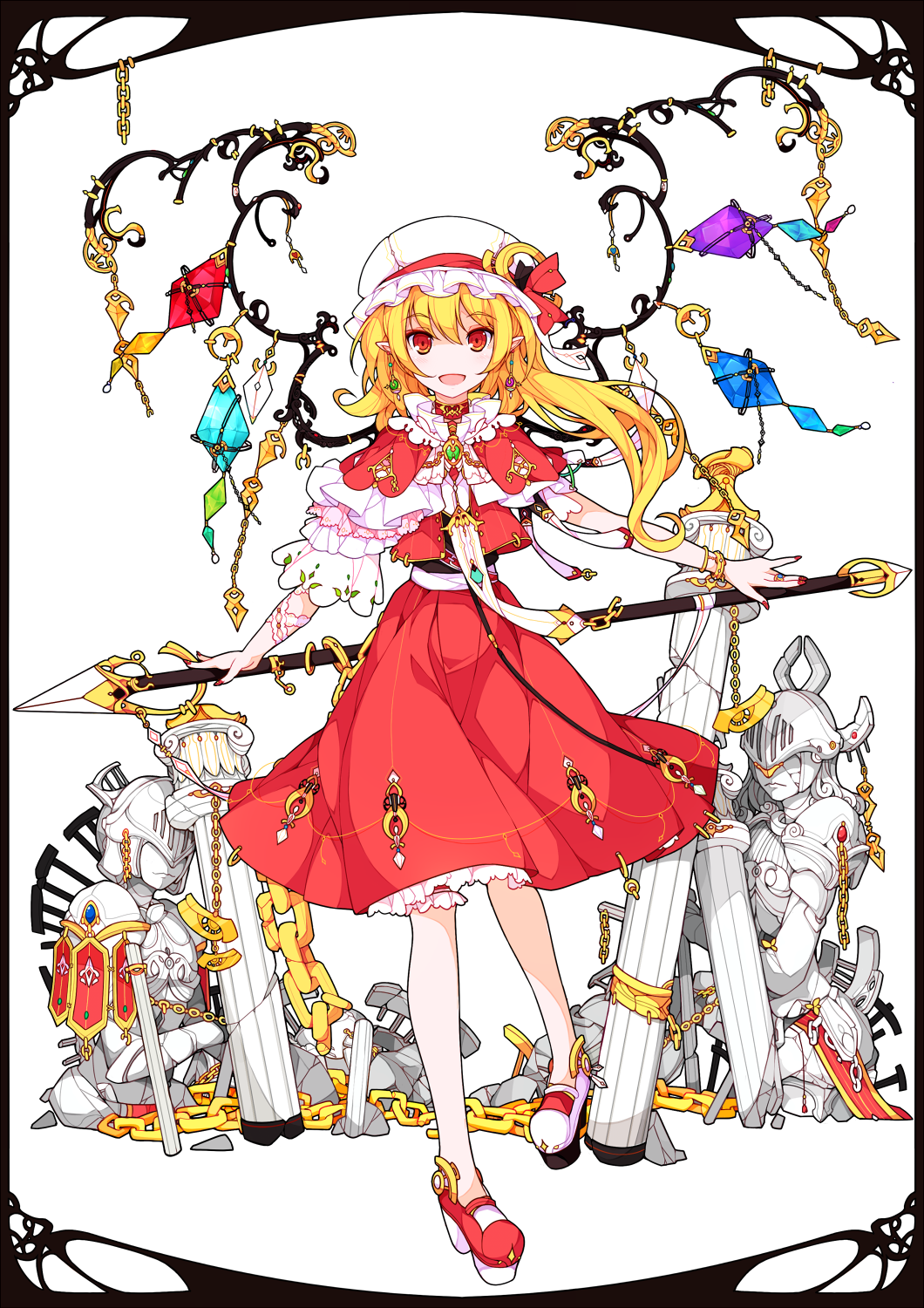 :d, armor, asymmetrical_clothes, blonde_hair, border, bracelet, broken_chain, broken_chains