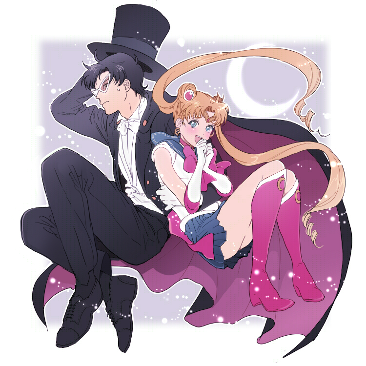 1girl, bishoujo_senshi_sailor_moon, black_hair, blonde_hair, blue_eyes, blush, boots, bow