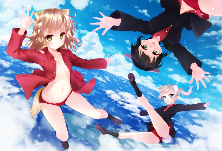 :d, animal_ears, bikini_bottom, black_hair, blue_eyes, blush, brown_hair, bunny_tail