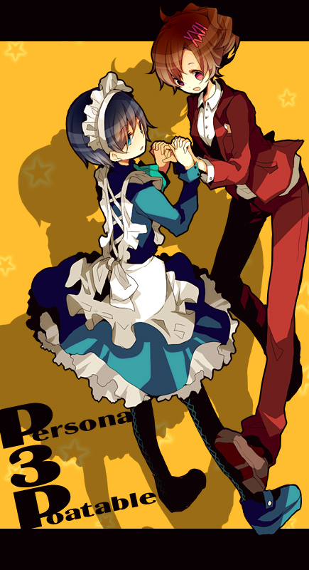 acht, apron, arisato_minato, bad_id, blue_eyes, blue_hair, bow, brown_hair