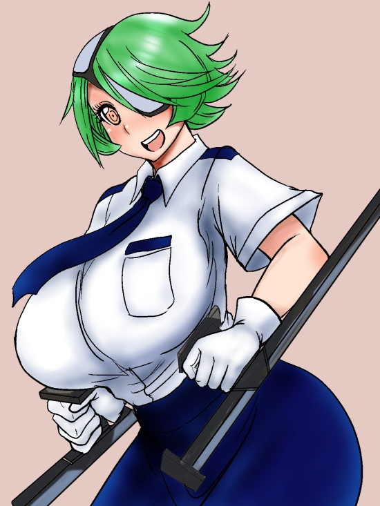 aqid, breasts, curvy, dual_wielding, eyepatch, gloves, green_hair, hair_over_one_eye, huge_breasts, necktie, otonashi_kiruko, police, police_uniform, policewoman, shinmai_fukei_kiruko-san, short_hair, simple_background, skirt, smile, solo, tonfa, uniform, weapon, white_gloves, yellow_eyes