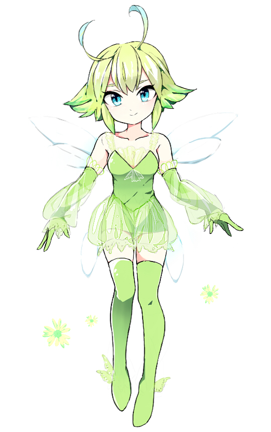 1girl, antennae, bare_shoulders, blue_eyes, celebi, elbow_gloves, gloves, green_gloves