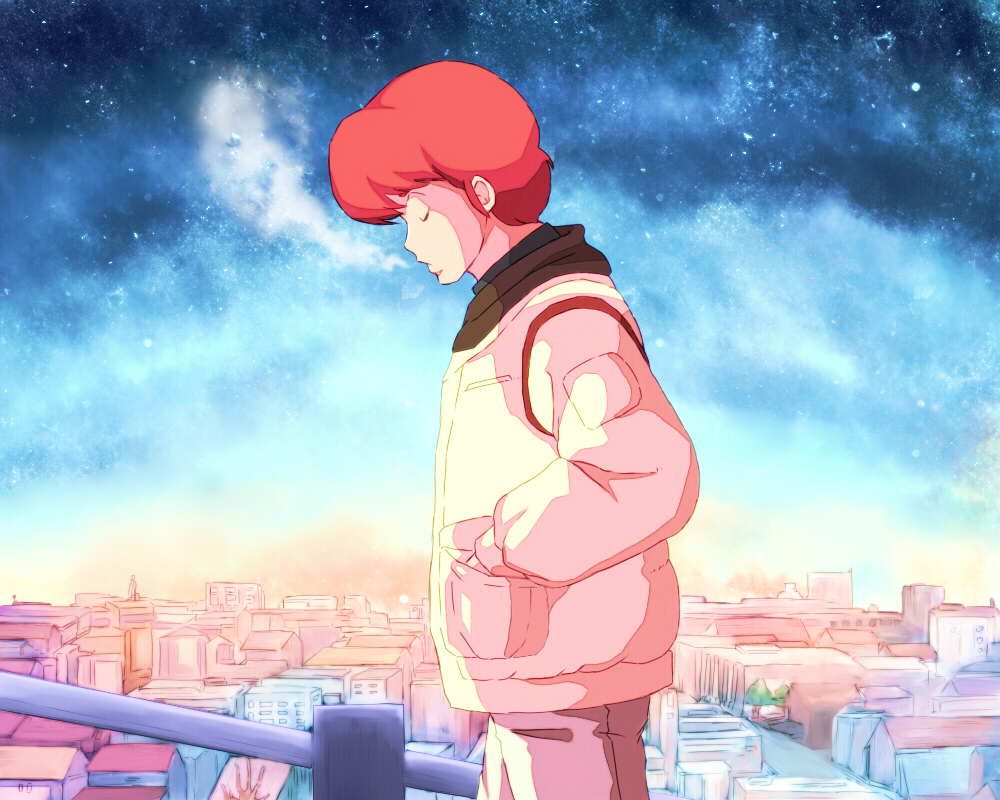 80s, breath, character_request, cityscape, godai_kun, godai_yuusaku, hands_in_pockets, jacket