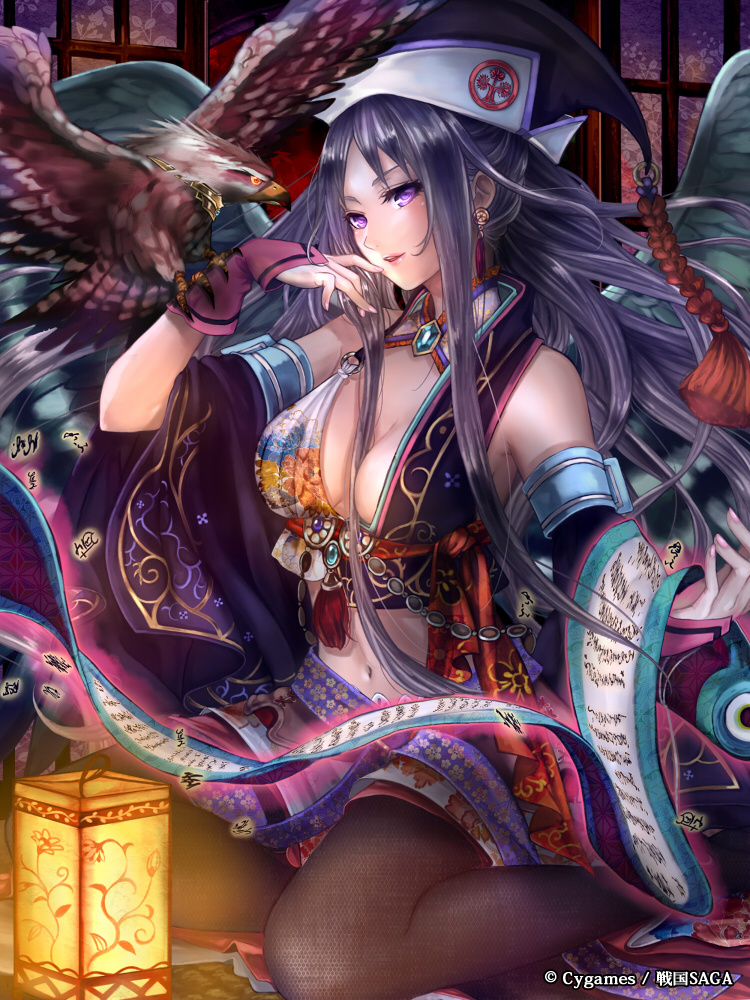 bare_shoulders, bird, black_hair, black_legwear, blush, breasts, earrings, hat