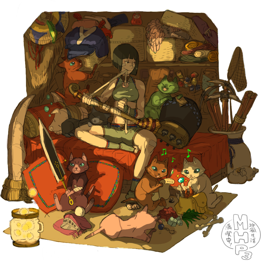 1girl, aramakijyake, barefoot, bob_cut, butterfly_net, cat, cropped_jacket, gem, hand_net, instrument, messy_room, monster_hunter, monster_hunter_portable_3rd, pickaxe, pillow, short_hair, shorts, sitting, sword, toeless_socks, too_many_cats, weapon