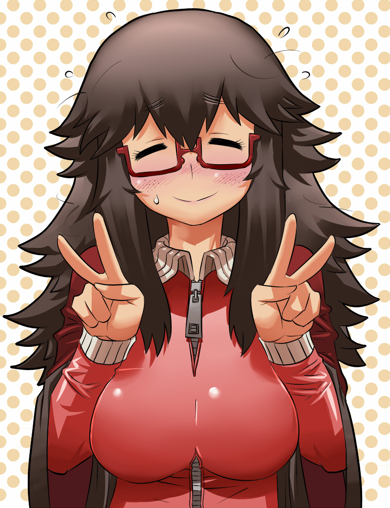 black_hair, blush, breasts, closed_eyes, coat, double_v, eyes_closed, flying_sweatdrops