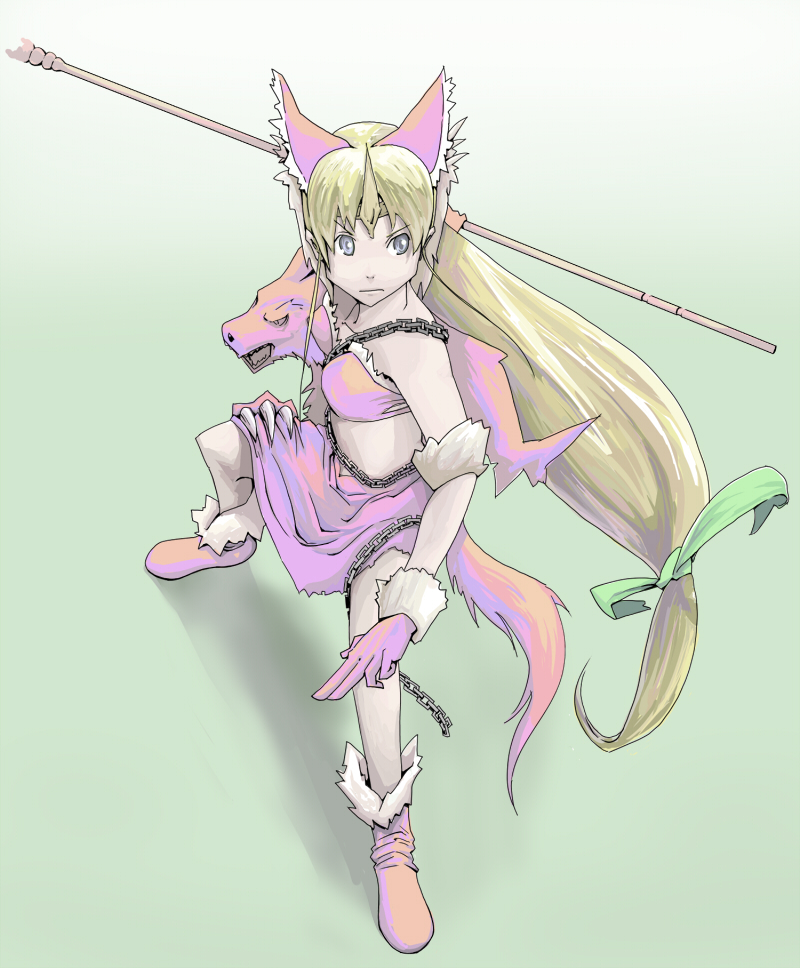 animal_ears, bare_shoulders, bikini, blonde_hair, blue_eyes, chain, chains, fenrir_knight