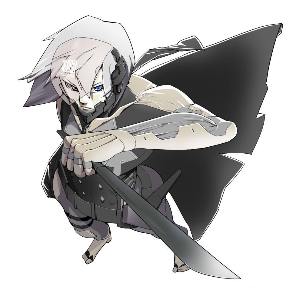 blue_eyes, cyborg, foreshortening, from_above, kishuu, metal_gear, metal_gear_solid, metal_gear_solid_4, raiden, reverse_grip, see-through, simple_background, solo, sword, visor, weapon, white_background, white_hair