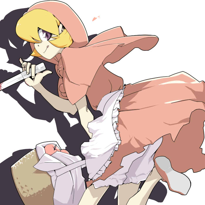 apple, apron, basket, blonde_hair, blood, bloody_knife, bulleta, capelet, food, fruit, hood, kishuu, knife, pinky_out, purple_eyes, shadow, short_hair, smile, solo, tongue, vampire_(game), violet_eyes